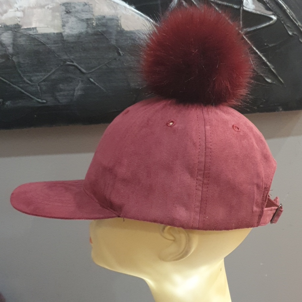 Suede Cap with Fur Pom-pom